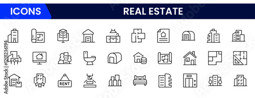 Real Estate minimal thin line web icon set. Included the icons as realty, property, mortgage, home loan and more. Outline icons collection. Simple vector