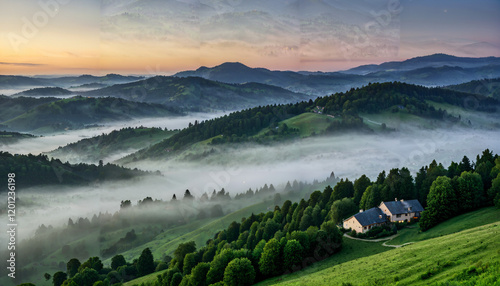 Douceur matinale sur les collines brumeuses photo