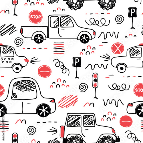 a seamless, trend pattern of cars. Transport background for children. A template with doodles of toy cars, road signs. for print, paper, banner. art vector illustration.