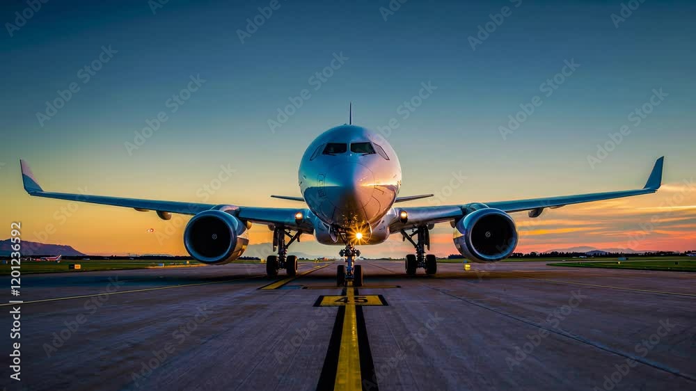 Passenger Airplane on Runway at Sunrise Passenger Airplane on Runway at Sunrise
