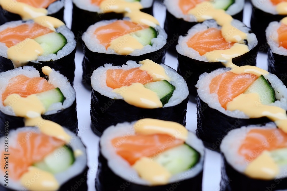 A plate of sushi with various pieces and a sweet sauce on top A plate of sushi with various pieces and a sweet sauce on top