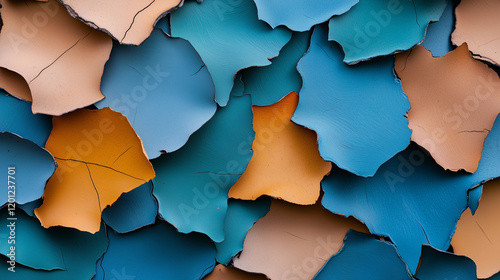 vibrant array of blue and brown painted shapes create mosaic like pattern that has visually appealing effect photo