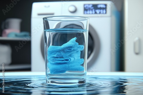 A blue cloth partially submerged in a glass of water sitting next to a washing machine photo