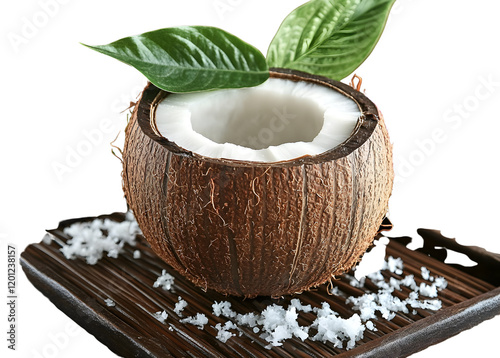 coconut half with white flesh and green leaves on dark tray photo