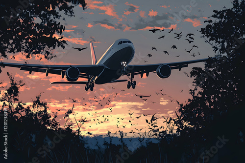 Passenger jet landing at dusk with birds crossing the glideslope, creating a dramatic aviation and nature scene illustration photo