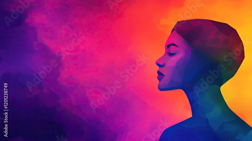 Polygon watercolor concept. Colorful abstract depiction of a serene woman's profile against a vivid backdrop.