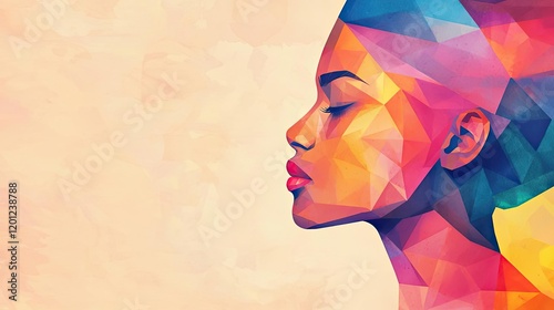 Polygon watercolor concept. Vibrant abstract portrait of a woman showcasing colorful geometric shapes and patterns.