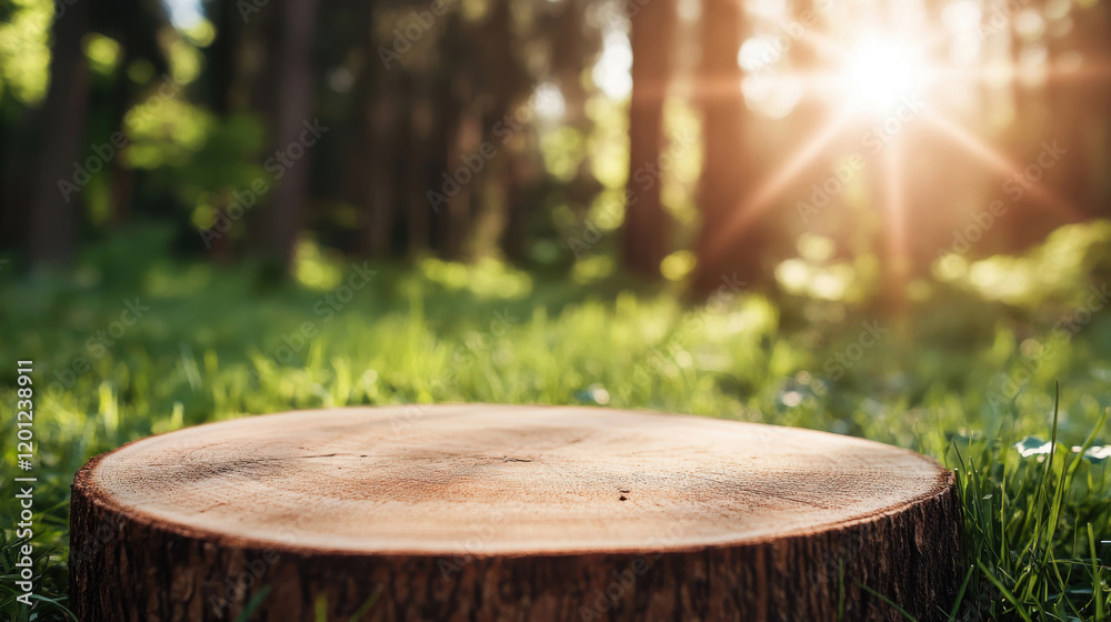 A wooden podium stump in a sunny forest glade, evoking a serene and tranquil natural scene filled with vibrant beauty A wooden podium stump in a sunny forest glade, evoking a serene and tranquil natural scene filled with vibrant beauty