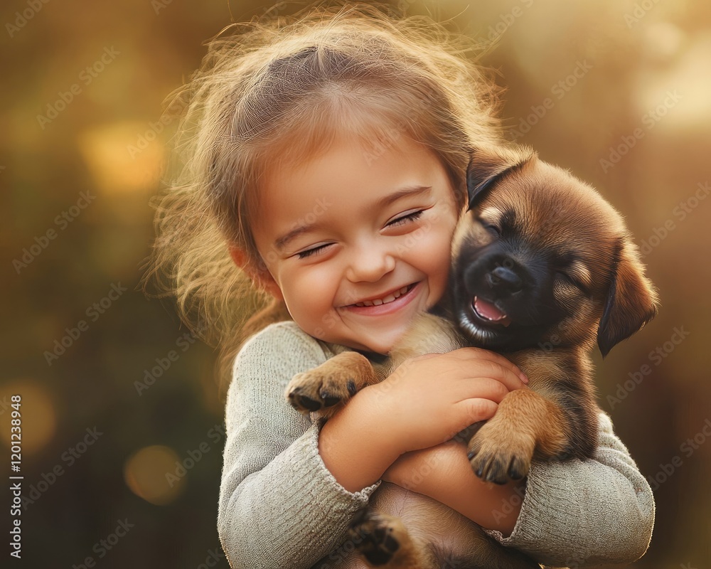 Little girl hugging cute puppy, happy childhood. Little girl hugging cute puppy, happy childhood.