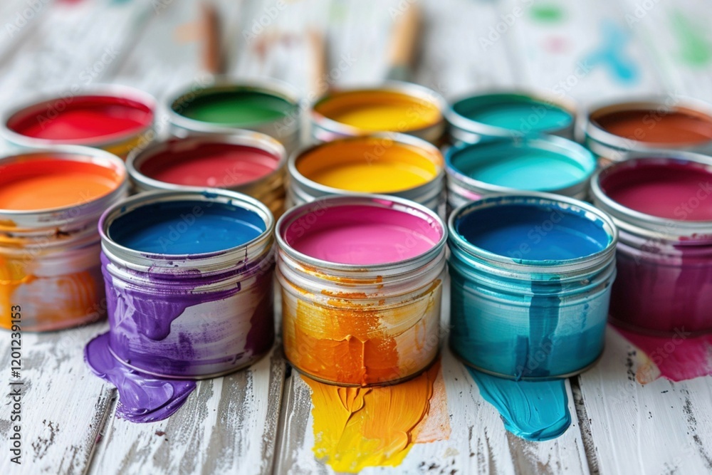 Open paint cans filled with vibrant colors arranged neatly showcasing artistic creativity and painting supplies. Open paint cans filled with vibrant colors arranged neatly showcasing artistic creativity and painting supplies.