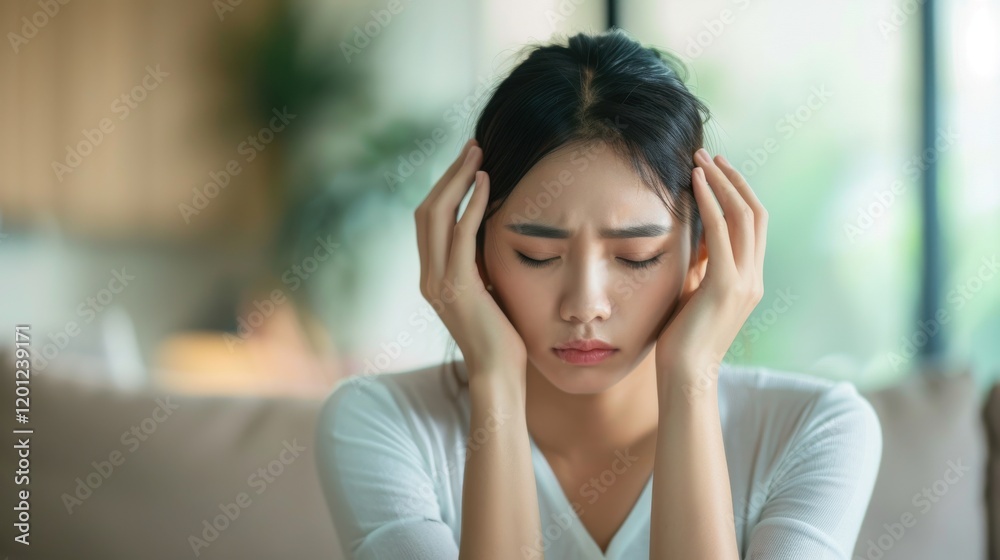 Worried Asian Woman with Headache Holding Temples Worried Asian Woman with Headache Holding Temples
