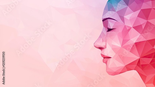 Polygon watercolor concept. Vibrant abstract portrait of a woman showcasing geometric shapes and colors.