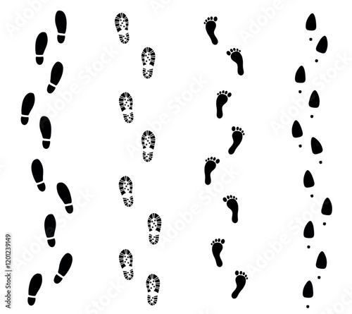 Set of traces of human shoes, bare feet, women's and men's shoes, sports running shoes, soles on a white background. Vector illustration.