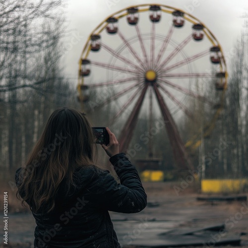 A person taking a photo of a ferris wheel, suitable for use in travel or lifestyle contexts photo