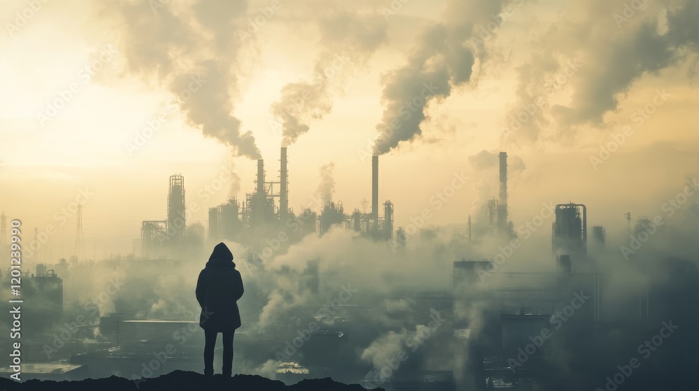 A silhouette of a person stands in front of an industrial landscape, shrouded in smoke and pollution, evoking a sense of environmental concern. A silhouette of a person stands in front of an industrial landscape, shrouded in smoke and pollution, evoking a sense of environmental concern.