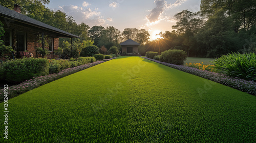 Lawn pathway leading to garden pavilion at sunset, luxury landscape design concept photo