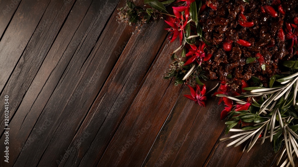 Aromatic and Exquisitely Prepared Spicy Beef Dish, a Culinary Masterpiece Displayed on a Dark Wooden Surface with Vibrant Flowers and Herbs Aromatic and Exquisitely Prepared Spicy Beef Dish, a Culinary Masterpiece Displayed on a Dark Wooden Surface with Vibrant Flowers and Herbs