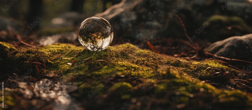 Glass sphere on mossy forest ground. Glass sphere on mossy forest ground.