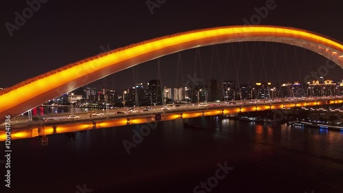 4K Real Time Aerial view of Lupu bridge and Huangpu River in Shanghai at night, China