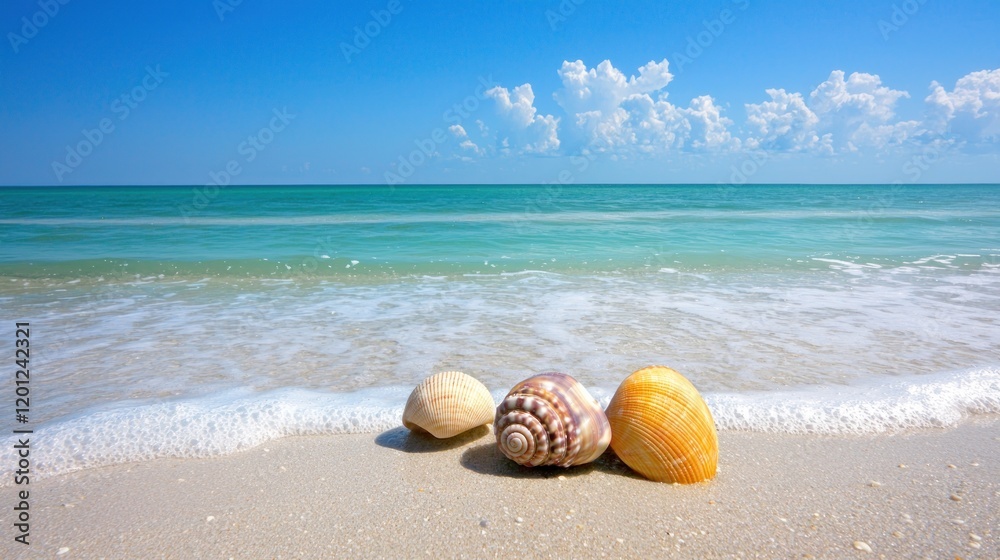Seashells on a sandy beach with calm waves and clear blue skies. Seashells on a sandy beach with calm waves and clear blue skies.