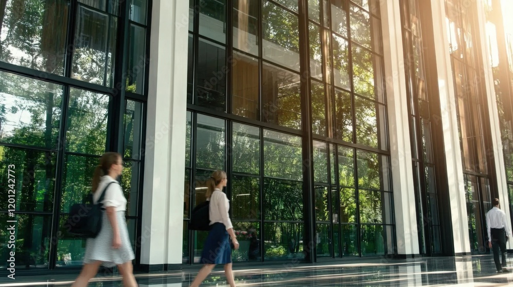 Modern building with people and tree reflection Generated AI Modern building with people and tree reflection Generated AI