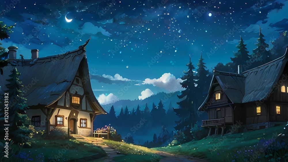 ゲーム背景 夜の山奥にある素朴な近代文明の村の家がある風景 ゲーム背景 夜の山奥にある素朴な近代文明の村の家がある風景