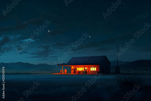 Quiet gas station illuminated at night under a dark sky photo