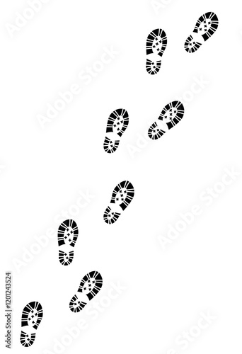 Human footprint, path of footprints in trekking sports shoes, long chain of human footprints on a white background. EPS10