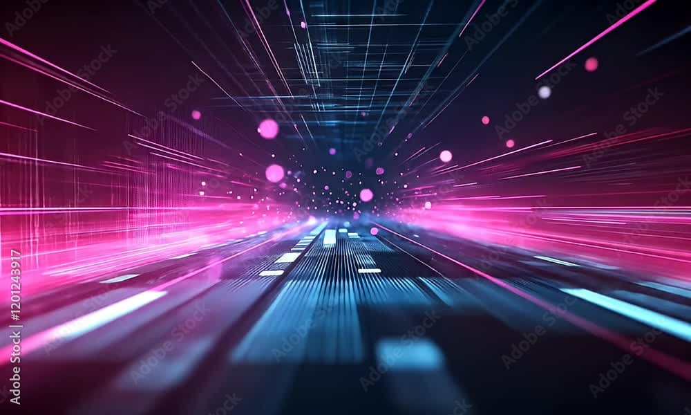 A futuristic digital landscape with vibrant colors and light trails representing data flow.