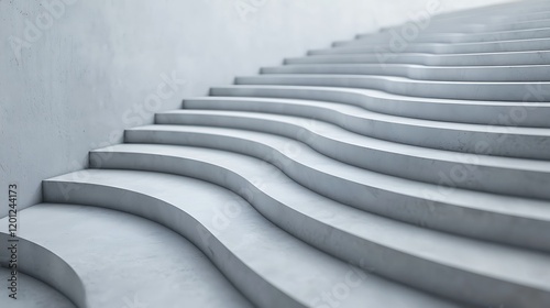 A modern, minimalist staircase with smooth, wavy steps and a light gray finish, creating a serene and contemporary architectural aesthetic.