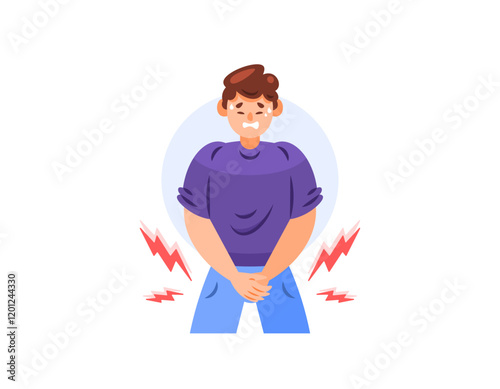 illustration of a man feeling pain in his genitals. symptoms of hernia, urinary tract infection, Urethritis. very painful. health problems or disorders. expression and gesture. flat style character