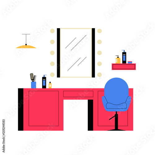 Hairdressing Salon Interior With Mirror And Chair In Flat Vector Illustration Symbolizing Haircare Services And Salon Setup, Isolated On White Background