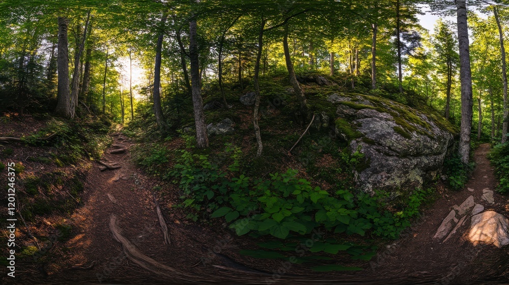 Serene Forest Pathway: A Sunlit Woodland Trail Through Lush Greenery and Majestic Rocks Serene Forest Pathway: A Sunlit Woodland Trail Through Lush Greenery and Majestic Rocks