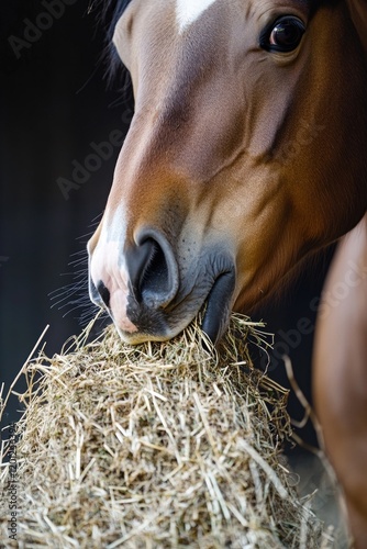 A close-up shot of a horse munching on hay, great for farm or animal-themed projects photo