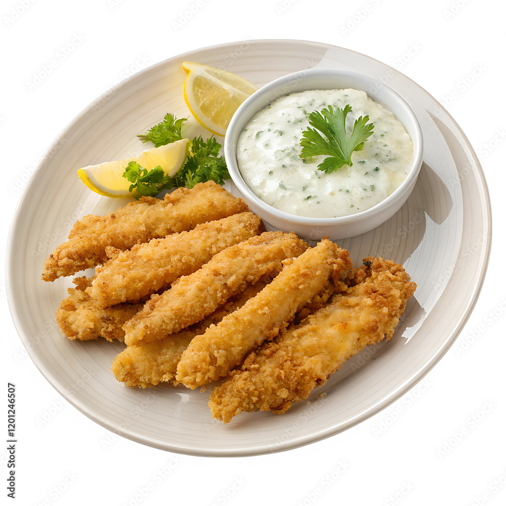 A serving of crispy fried clam strips with tartar sauce, isolated on a transparent background A serving of crispy fried clam strips with tartar sauce, isolated on a transparent background