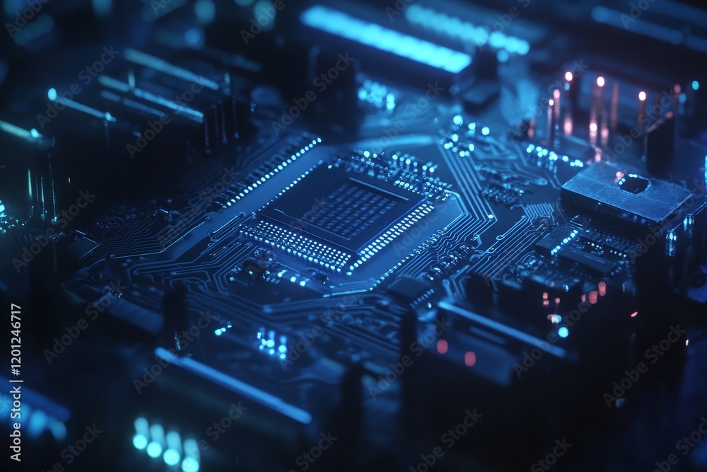 Close-up of a central processing unit on a circuit board, illuminated with blue light.