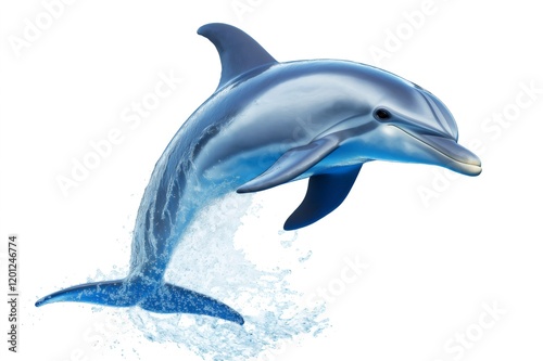 Dolphin leaping joyfully, splashing water against a pristine white background, capturing the essence of freedom and playful marine life