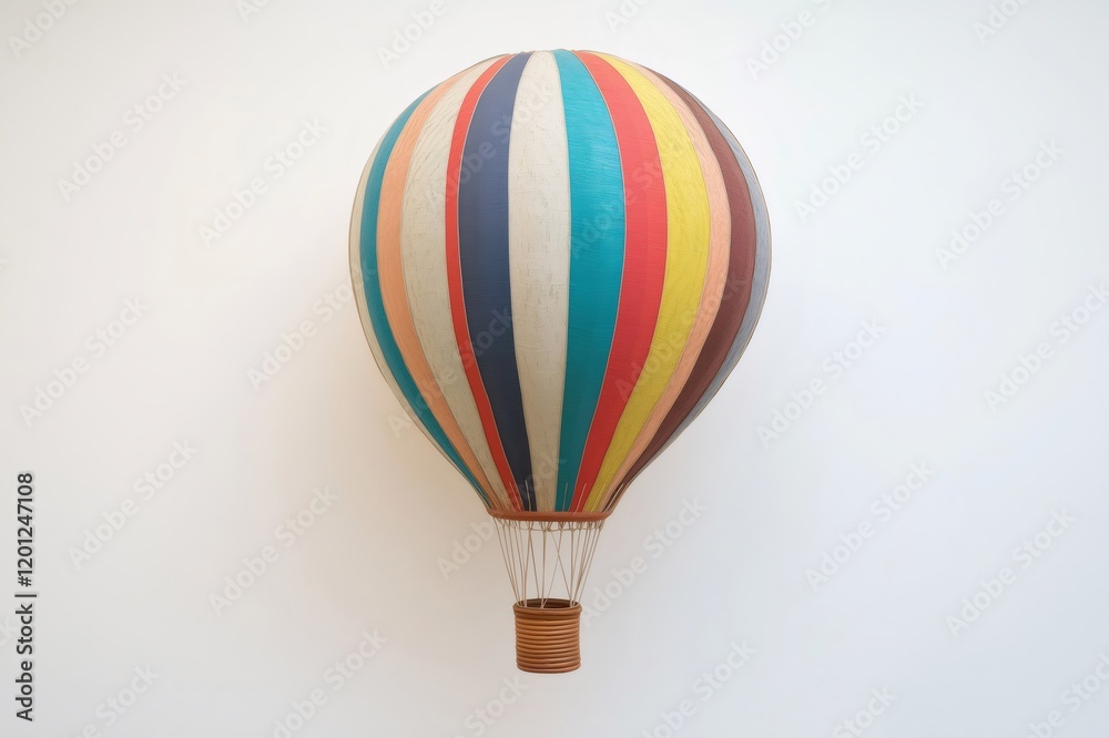 Naklejka premium Colorful hot air balloon with stripes flying in a white background representing freedom, travel and adventure