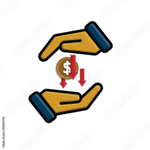 coin icon. money weakens or falls in hand. money management vector, business and finance icon, showing continuous movement. flat color design style