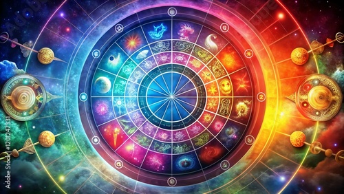Colorful astrological wheel with zodiac signs for horoscopes, blogs, and spiritual themes