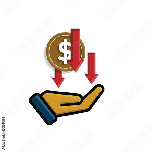 coin icon. money weakens or falls in hand. money management vector, business and finance icon, showing continuous movement. flat color design style