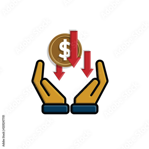 coin icon. money weakens or falls in hand. money management vector, business and finance icon, showing continuous movement. flat color design style