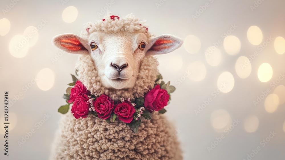 Adorable sheep wearing floral garland with soft bokeh background. The 14th of February. Happy Valentine's Day Adorable sheep wearing floral garland with soft bokeh background. The 14th of February. Happy Valentine's Day