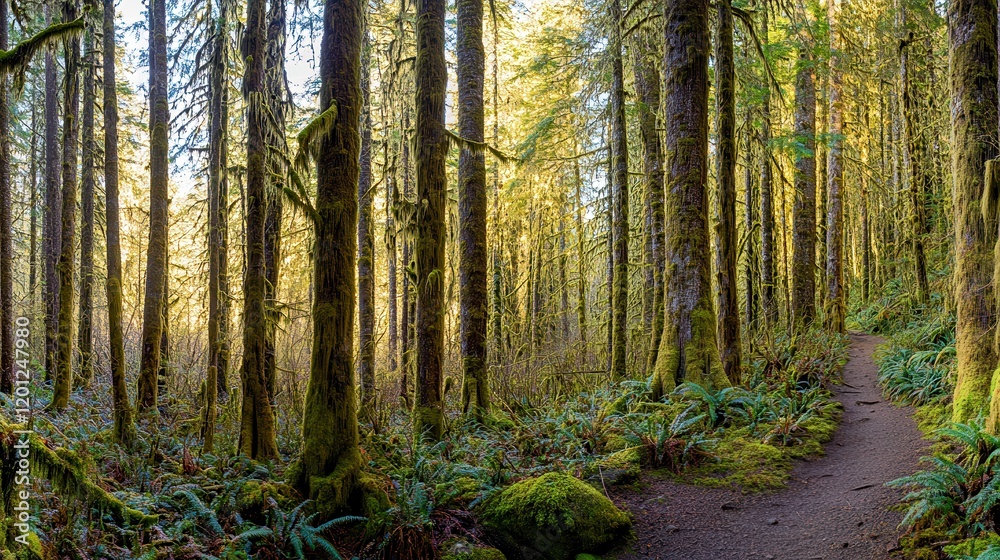 Obraz premium Serene Forest Path: Sunlight Dappling Through Moss-Covered Trees, A Tranquil Woodland Scene