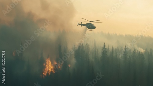 A helicopter releases water to suppress a large forest fire threatening the wilderness, surrounded by thick smoke and tall trees