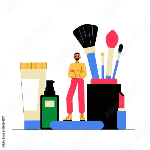 Male Character Standing Among Makeup Brushes And Cosmetics In Flat Vector Illustration Symbolizing Beauty Industry, Makeup Artistry, And Personal Care, Isolated On White Background