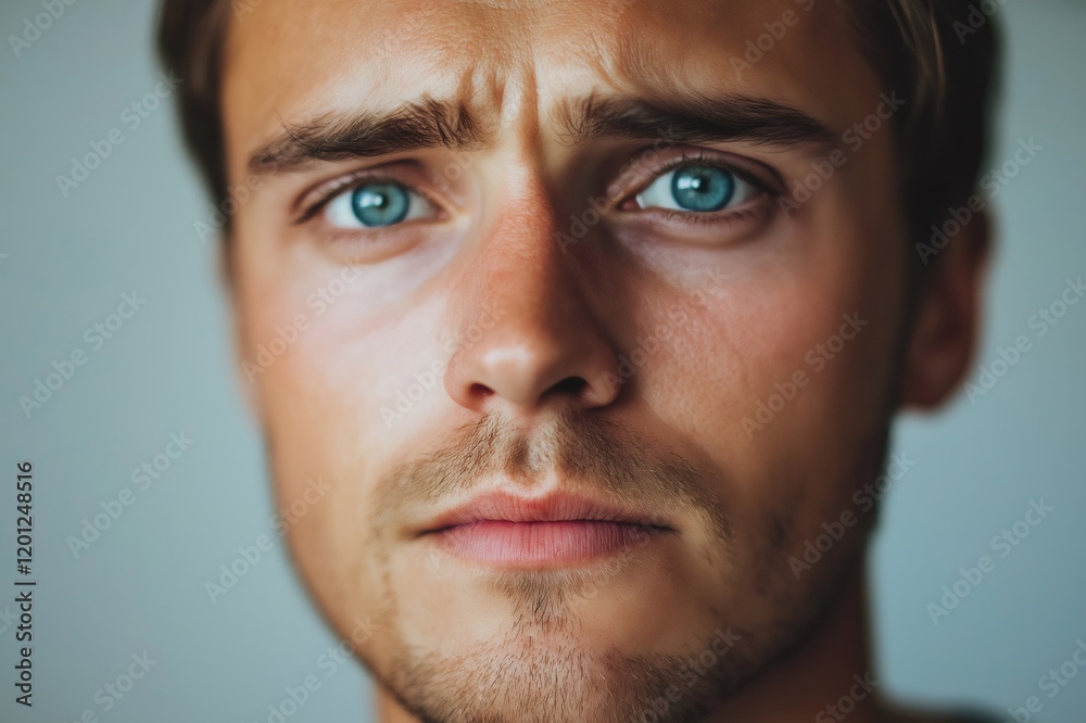 Close up portrait of a sad young man with blue eyes, a tear rolling down his cheek, expressing feelings of sorrow and grief Close up portrait of a sad young man with blue eyes, a tear rolling down his cheek, expressing feelings of sorrow and grief