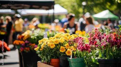 Outdoor Farmers Market with Yellow and Pink Flowers and Blurred People