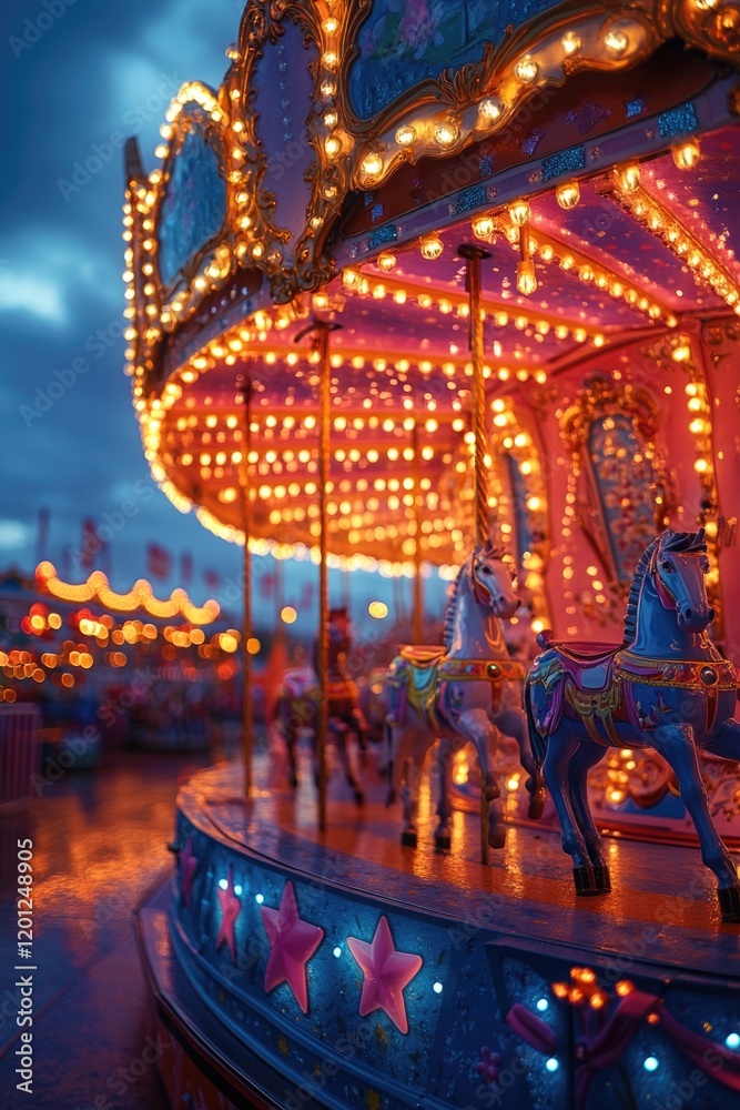 A merry-go-round lit up at night with colorful lights, perfect for use in scenes about nighttime fun or whimsical atmosphere A merry-go-round lit up at night with colorful lights, perfect for use in scenes about nighttime fun or whimsical atmosphere