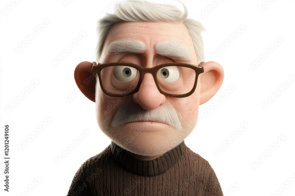 3D of a grumpy old man with glasses and a white mustache showing a suspicious expression on a white background 3D of a grumpy old man with glasses and a white mustache showing a suspicious expression on a white background